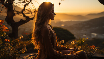 Wall Mural - Young woman enjoying the beauty of nature at sunset generated by AI