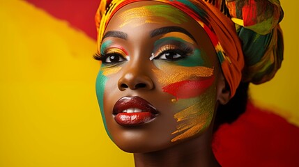 Fashion portrait of a beautiful afroamerican woman with painted face on solid yellow bacground 