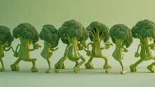 A Row Of Dancing Broccoli With Their Heads Bopping In Unison To The Music Creating A Broccoli Forest Rave.
