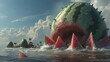 In the distance a fearsome watermelon monster emerges from the ocean its enormous rindcovered body looming over the tiny watermelon villagers who flee in terror.