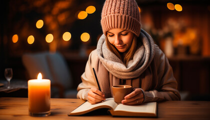 Wall Mural - One woman sitting indoors, reading a book, smiling and drinking generated by AI