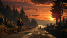 Men Cycling In The Mountain At Sunset Generated By AI