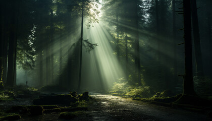 Poster - Mysterious fog blankets tranquil forest, creating spooky beauty generated by AI