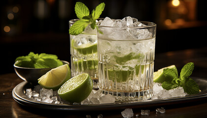 Poster - Refreshing mojito cocktail with lime, mint leaf, and citrus fruit generated by AI