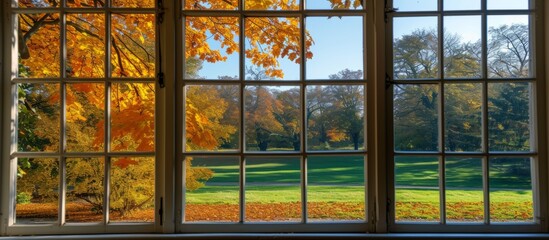 Wall Mural - Room window overlooking a park during autumn with tree leaves in fall.