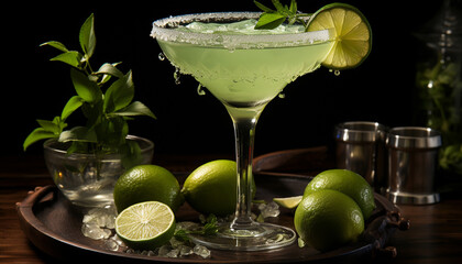 Canvas Print - Refreshing lime mojito, a citrus cocktail with ice and mint generated by AI