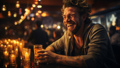 Wall Mural - A smiling man holding a drink enjoys the night at a bar generated by AI