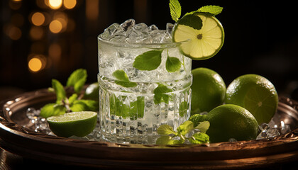 Wall Mural - Refreshing summer cocktail with lime, mint, and citrus fruit garnish generated by AI