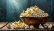bowl with popcorn and wooden background