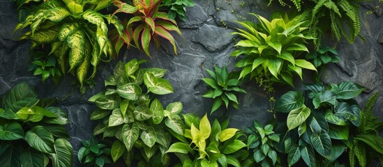 Wall Mural - Marble queen pothos plant, along with bromeliad plants, on a climbing wall.