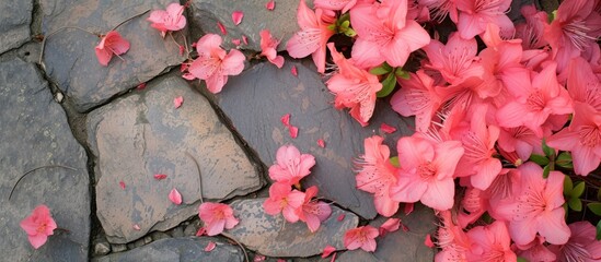 Canvas Print - Pink Azalea blossoms and stone flooring