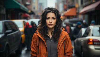 Poster - Young woman in winter coat walking in the rain, looking confident generated by AI