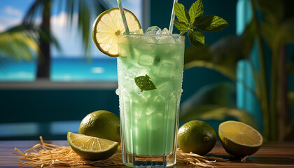 Poster - Refreshing mojito cocktail with lime, lemon, and mint leaf generated by AI