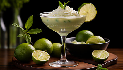 Wall Mural - Fresh lime cocktail with lemon slice and mint leaf garnish generated by AI