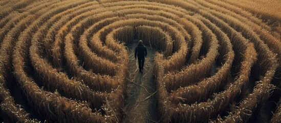 Individual strolling amidst dried corn stalks in a maze.