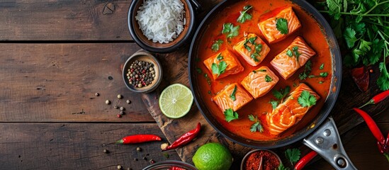 Wall Mural - View from above of a pan with salmon fish curry, coconut lime sauce, ingredients, and spices on a wooden table.