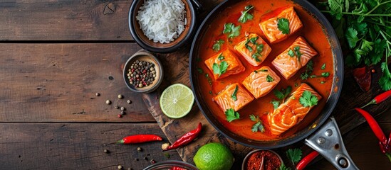 Poster - View from above of a pan with salmon fish curry, coconut lime sauce, ingredients, and spices on a wooden table.