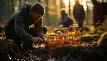 One Person Picking Edible Mushrooms In The Autumn Forest Generated By AI