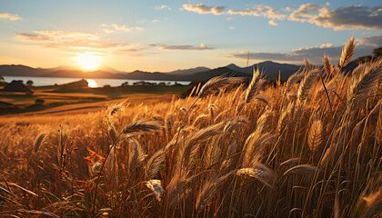 Wall Mural - Sunset over a rural farm, golden wheat growth generated by AI