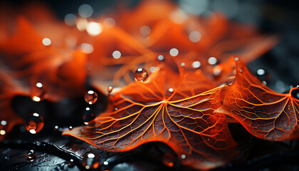 Wall Mural - Vibrant autumn leaves reflect beauty in nature wet, dewy drop generated by AI