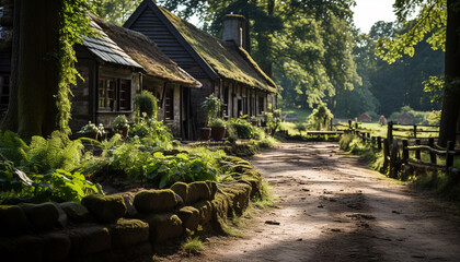 Poster - Tranquil scene of old cottage in rustic meadow generated by AI