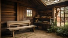 Rustic, Natural Light, Wide-angle Shot Of A Weathered Open Faced Shed With A Worn Wooden Bench,