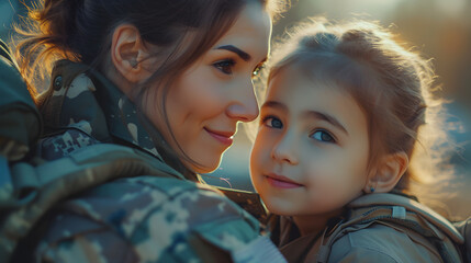 Wall Mural - American female soldier celebrating national holidays with a little girl, representing patriotism and honoring those who have served