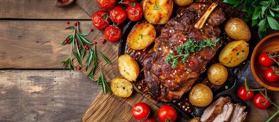 Canvas Print - Roasted meat, potatoes, and fresh tomatoes on a wooden background, seen from above.