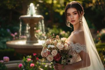 Wall Mural - model holding a bouquet of flowers and a wedding dress in a garden with a fountain