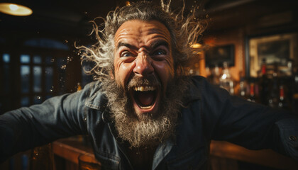 Poster - A joyful man with a beard celebrates outdoors at night generated by AI