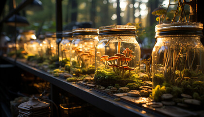 Sticker - Fresh green leaves adorn the glass jar, nature decoration generated by AI