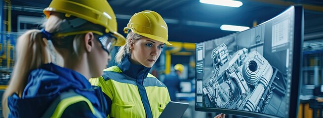 Poster - two women in hardhats looking at a computer screen generative ai