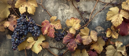 Canvas Print - Garden in autumn features faded grape leaves and vine.