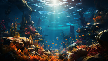 Wall Mural - Vibrant underwater reef showcases the beauty of aquatic animals generated by AI