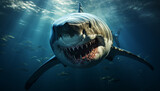 Fototapeta Dinusie - Majestic underwater giant, sharp teeth, fierce aggression, swimming in fear generated by AI