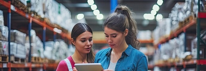 Poster - Two Women Looking at a Tablet in a Warehouse Generative AI
