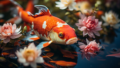 Sticker - A beautiful yellow goldfish swims in a vibrant underwater garden generated by AI