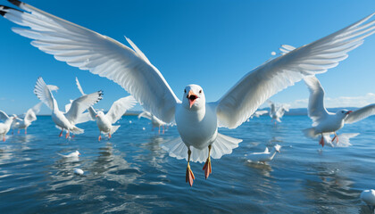 Poster - Seagull flying, freedom in nature, spread wings, mid air beauty generated by AI