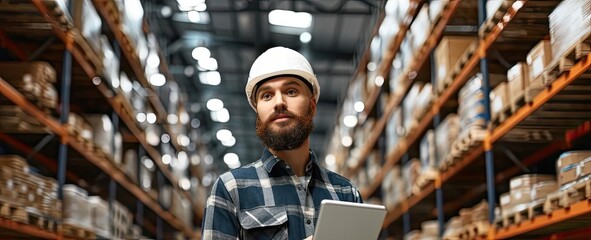 Poster - Man in Warehouse Holding Laptop Inventory Management Generative AI