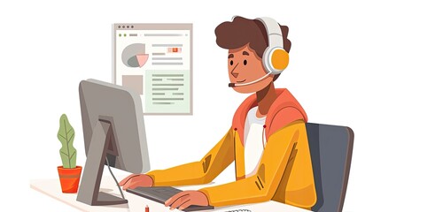 Poster - Man Sitting at Computer Wearing Headphones Generative AI