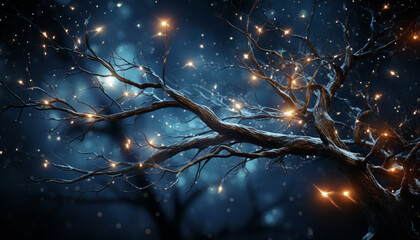 Poster - Glowing snowflakes illuminate the dark winter forest generated by AI