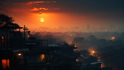 Sticker - Silhouette of skyscrapers against a polluted orange sky generated by AI