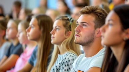 Poster - Group of Caucasian University Students Sitting in a Row Generative AI