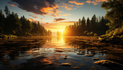 Canvas Print - Sunset over the tranquil forest, reflecting on water generated by AI