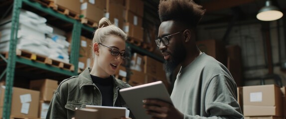 Poster - Man and Woman Viewing Tablet in Warehouse Generative AI