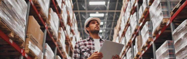 Poster - Man Holding Tablet in Warehouse Generative AI