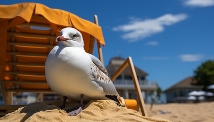 Poster - Seagull flying over blue water, sand, and coastline generated by AI