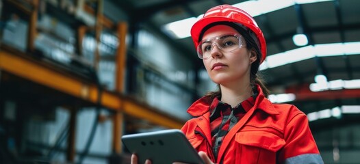 Poster - Woman in Hard Hat Holding Tablet Generative AI