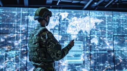 Poster - military man analyzing screen in uniform generative ai