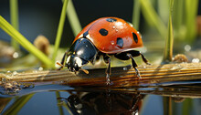 A Cute Ladybug Crawling On A Wet Leaf In Springtime Generated By AI
